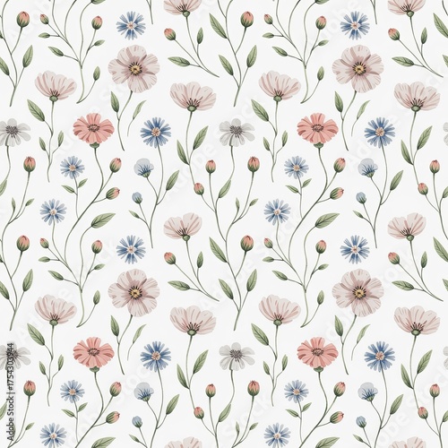 Seamless floral pattern with pastel pink, blue and lavender flowers on white background. Elegant botanical repeat for textiles, packaging or surface design.