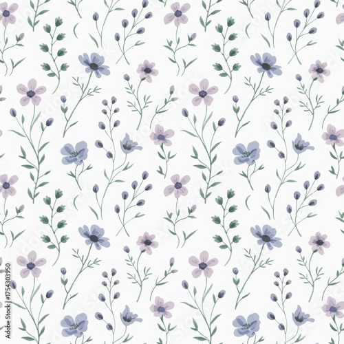Seamless floral pattern with purple flowers and green leaves on white background. Elegant botanical repeat for textiles, packaging or surface design.