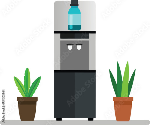 Modern sleek countertop water cooler illustration with potted plants vector graphic