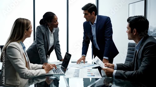 A business meeting occurs around a table, discussing data and reviewing reports, in a modern office