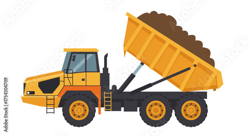 Heavy-duty yellow dump truck actively unloading soil and earth on a white background, symbolizing construction, excavation, and material transport