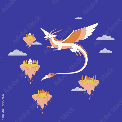Fantasy Dragon Soaring Above Floating Islands with Clouds, Flat Vector Illustration