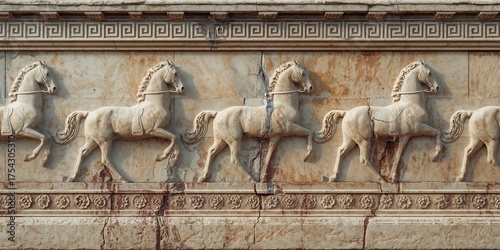 Detailed ancient stone frieze featuring a repeating pattern of majestic galloping horses, adorned with a classical Greek key border.