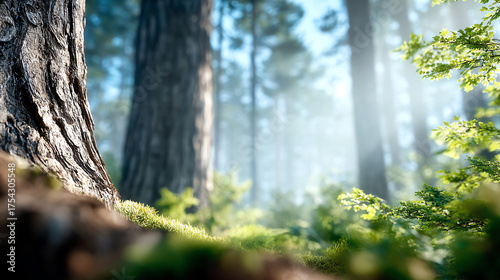 A serene forest scene with tall trees, dappled sunlight, and lush green undergrowth, evoking peace and tranquility in nature.