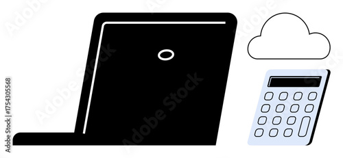 Laptop with cloud for synchronization and calculator for computations. Ideal for technology, remote work, finance, connectivity, cloud storage, modern tools, and workflow. Simple flat metaphor