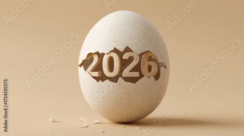 White eggshell cracking open to reveal numbers 2026 on neutral beige background, minimal natural aesthetic symbolizing new beginnings, simplicity and organic design.