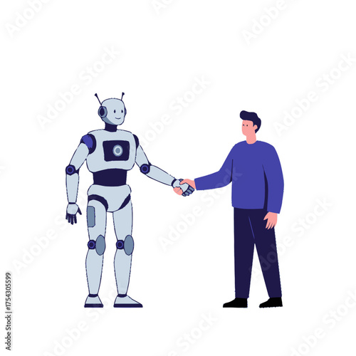Robot and Human Handshake A Colorful Vector Illustration Depicting Partnership & Technology