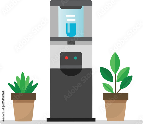 Sleek modern countertop water cooler dispenser with potted plants vector illustration eps