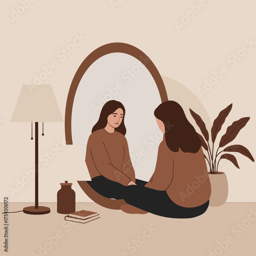 Woman sitting in front of mirror practicing self reflection — mental health and mindfulness vector illustration