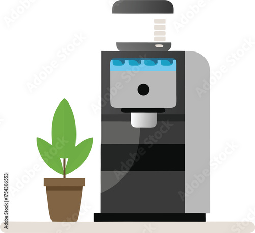 Sleek modern countertop water cooler with potted plant vector illustration