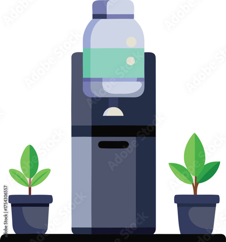 Modern countertop water cooler with plants vector illustration for clean hydration solutions