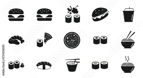 Collection of stylized black silhouette icons representing various popular fast food and takeout items silhouette
