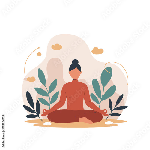A clean, colorful flat vector illustration of a person meditating amidst stylized natural elements, promoting mindfulness, peace, and holistic well-being