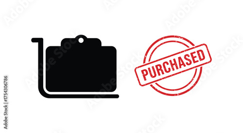 Black silhouette of a luggage cart with stacked bags next to a red circular stamp indicating purchased status silhouette