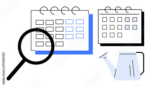 Magnifying glass assessing calendars with a watering can symbolizing growth and nurturing. Ideal for time management, productivity, scheduling, planning, organization, growth mindset, focus. Simple
