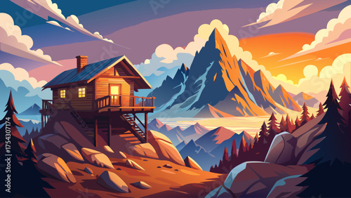 a wooden cabin perched on a steep mountain cliff, clouds below, snow peaks in distance, and warm sunrise lighting the rocks.