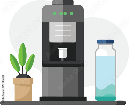 Sleek modern countertop water cooler with plant and water bottle vector illustration