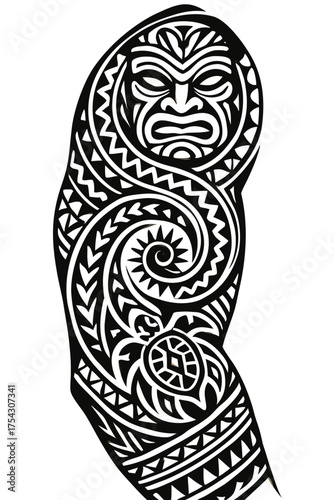 Polynesian full sleeve tattoo design, black and white, traditional culture and strength symbolism