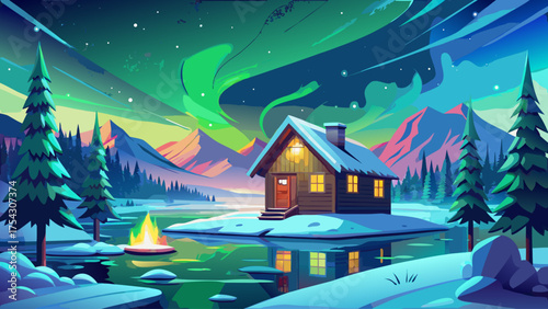 a wooden cabin under bright aurora borealis, snowy landscape, frozen lake, and glowing green lights in starry Arctic sky.