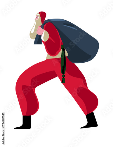 Happy Santa Claus with Christmas bag portrait. Merry laughing old bearded character with big gift sack for Xmas and New Year winter holidays. Flat vector illustration isolated on white background.