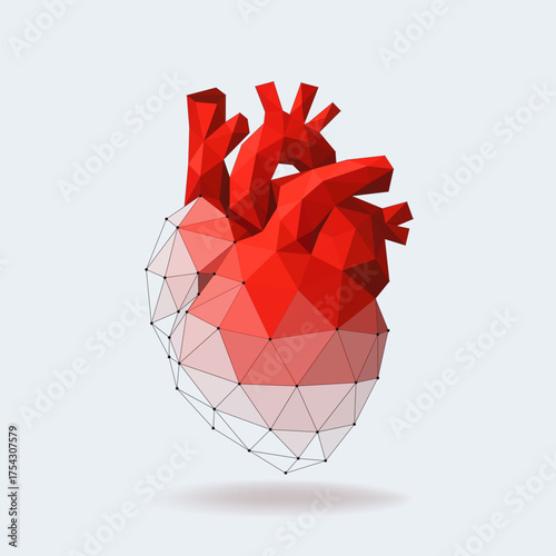 Ai Synthetic Human Heart. Digital replacement of biological Organs. Innovation symbol of medical technology and robotic healthcare. Lowpoly Organ transforming into transparent Digital Mesh