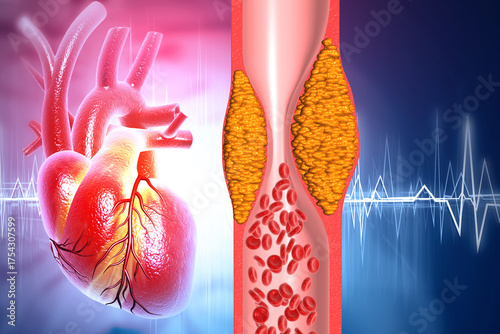 Human heart with Blocked blood vessel, cholesterol blocking artery. 3d illustration
