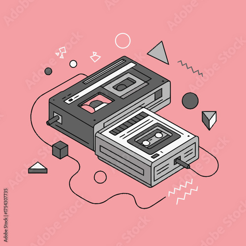 Clean flat isometric vector illustration of vintage cassette players connected, depicting retro music technology and analog audio nostalgia on a vibrant background