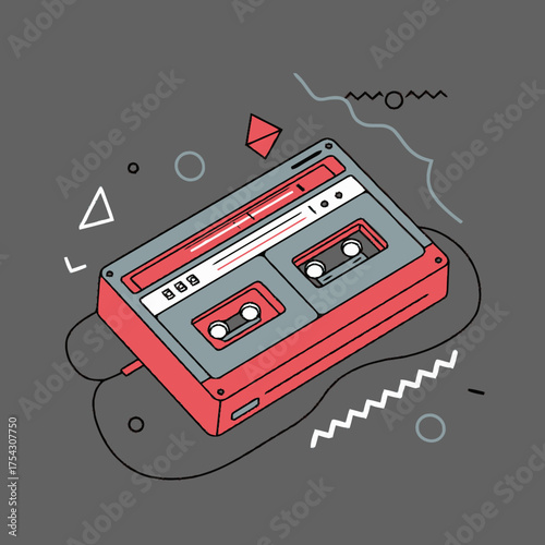 Vibrant flat line art illustration of a retro dual cassette player with geometric shapes, capturing 80s and 90s music nostalgia, vintage audio, and old school technology