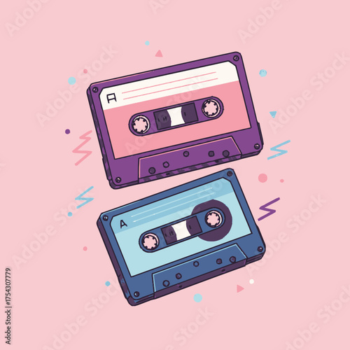 Clean, colorful flat vector illustration featuring two vibrant retro cassette tapes floating playfully with abstract geometric shapes on a soft pink background, evoking 80s and 90s nostalgia