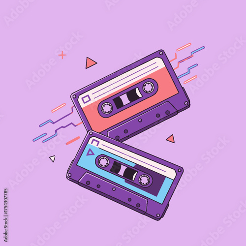 Clean and colorful flat vector illustration of two vintage audio cassette tapes, featuring dynamic geometric lines and vibrant hues, representing classic music and retro technology