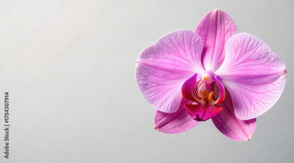 Obraz premium A captivating and exquisitely delicate pink orchid blossom gracefully unfurling its soft petals, revealing intricate natural beauty with a gentle radiance against a serene, light background.