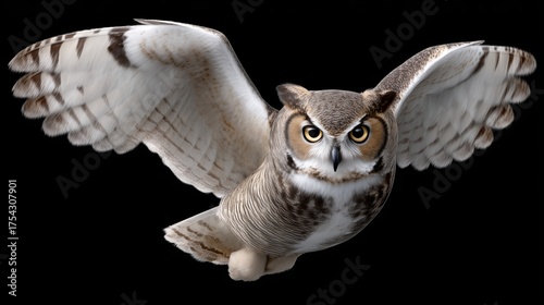 Majestic owl in flight with wings fully spread against a black background