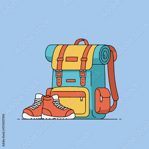 Clean, colorful flat vector illustration of essential outdoor adventure gear a hiking backpack with yellow straps and rolled item, plus trekking boots, for travel and exploration