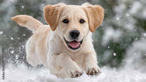 Labrador puppy plays joyfully in fresh snow during winter