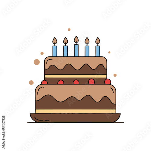 A vibrant and clean flat vector illustration featuring a two-tiered birthday cake with colorful lit candles, perfect for celebrations and festive occasions