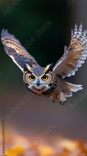Owl soaring gracefully with wings outstretched in a forest setting
