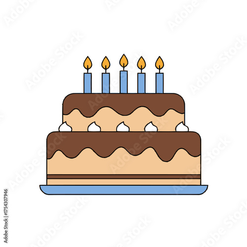 A clean, colorful, and festive flat vector illustration depicting a delightful two-tiered birthday cake with glowing candles, perfect for celebrating special occasions and joyous parties