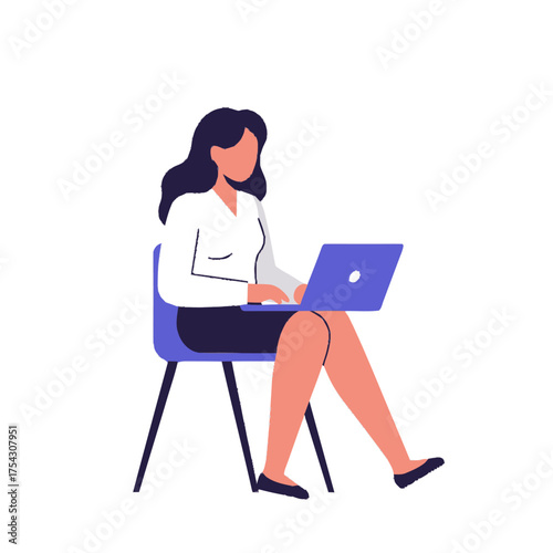 A clean, colorful flat vector illustration of a focused young woman working on her laptop while seated, representing remote work, online education, or digital tasks with a modern, minimalistic design