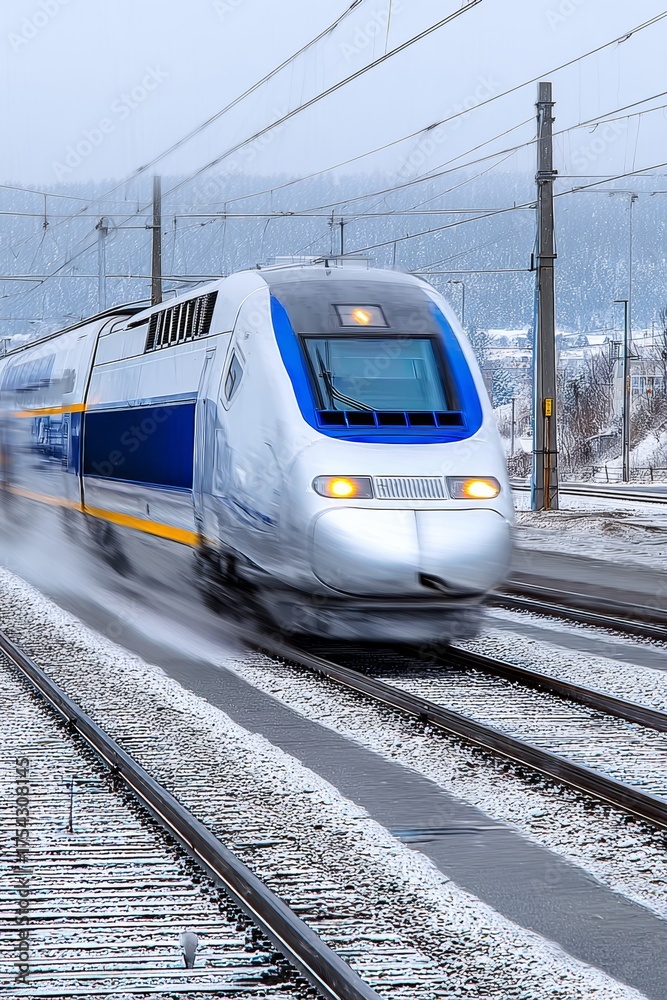Fototapeta premium High-Speed Train Gliding Through a Winter Landscape, Showcasing Modern Transportation in Motion