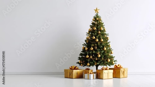Christmas tree with gold decorations and presents on white floor and wall