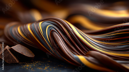 Swirls of rich chocolate with glossy texture. Dark chocolate pieces scattered nearby. The scene highlights the indulgent nature of chocolate.