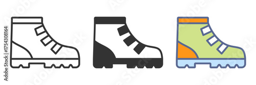 Three different colored shoes with black soles and white laces. The shoes are all different colors and sizes. vector.