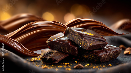 Dark chocolate pieces stacked on a dark surface with chocolate curls in the background. The scene highlights the rich texture and color of chocolate.