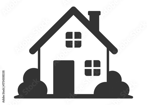 A black and white house with a chimney. The house is a simple design with a lot of windows. Vector.
