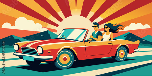 Couple driving red convertible car on scenic road trip at sunset in retro pop art style illustration