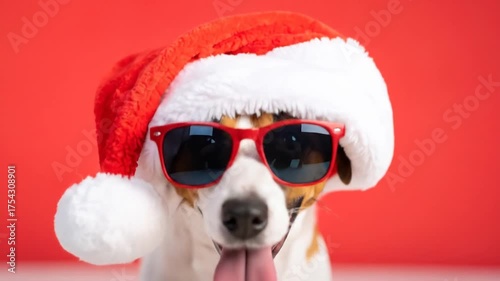 Happy dog in Santa hat and sunglasses