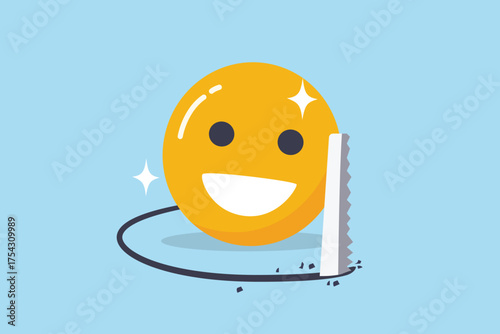 Wellness or mental health, mindfulness or emotional intelligence, losing happiness, negativity causing stressed or anxiety, depression concept, sawing smiling face to reduce happiness, metal problem.