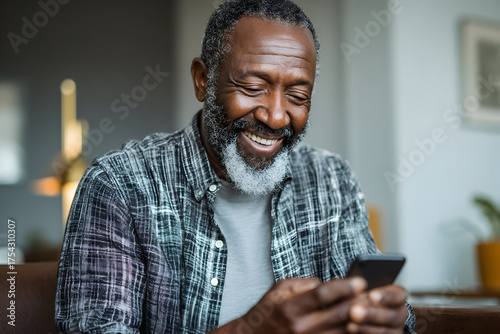 Joyful older Black man with salt and pepper beard laughs while checking smartphone, exuding warmth and modern connection