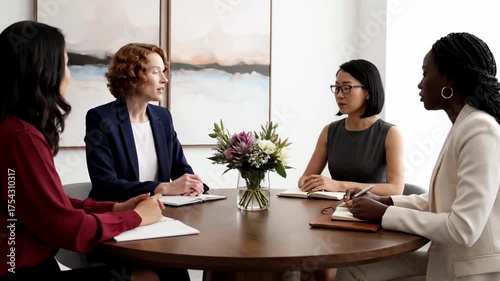 Four women in business attire converse around a round table with flower arrangement
