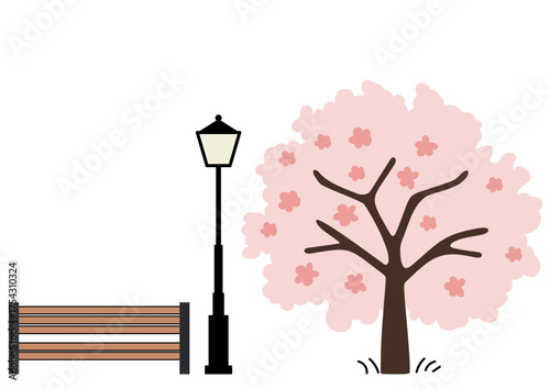 Park bench and street lamp with cherry blossom tree. Spring season in urban park. Outdoor scene with natural elements for website.